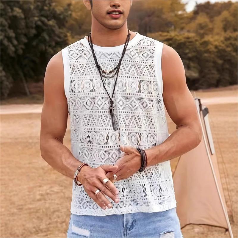 Summer Men s Black Geometric Lace Tank Top Sheer Sleeveless Casual Top S