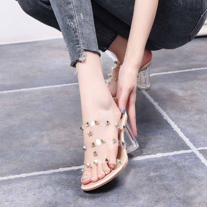 Women Slippers Shoes Rivet Transparent Cross Straps Ladies Round Toe Female Summer Plus Size Casual Fashion Slip On