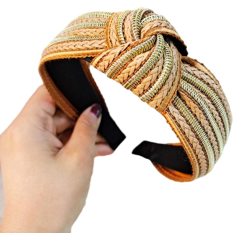 Natürliches Stroh Gewebtes Haarband Breites Design Knoten Verzierungen Bequemes Slip Kopfstück Für Tägliches Styling