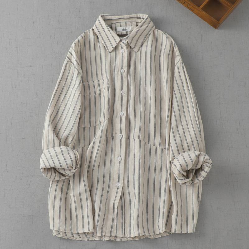 Spring Autumn Vintage Blouses Striped Pockets Patchwork Long Sleeve Shirts Casual Loose Women Clothing