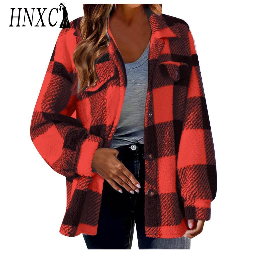 HNXC Damen Vintage Lässig Karomuster Herbst Winter Langarm POLO Kragen Jacken & Mäntel