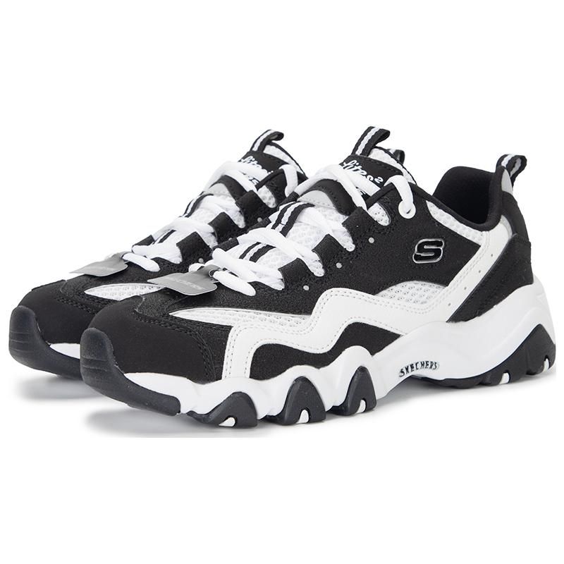Skechers DLites 2.0 Synthetic Leather Mesh Lace-Up Low-Top Dad Sneakers Women Sneakers Black White 896210-BKW