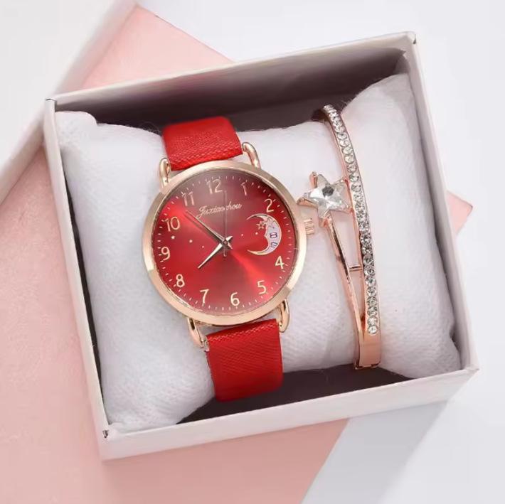 New Women'S Quartz Watch Set Pu With Moon Pattern Dial With Calendar Watch
