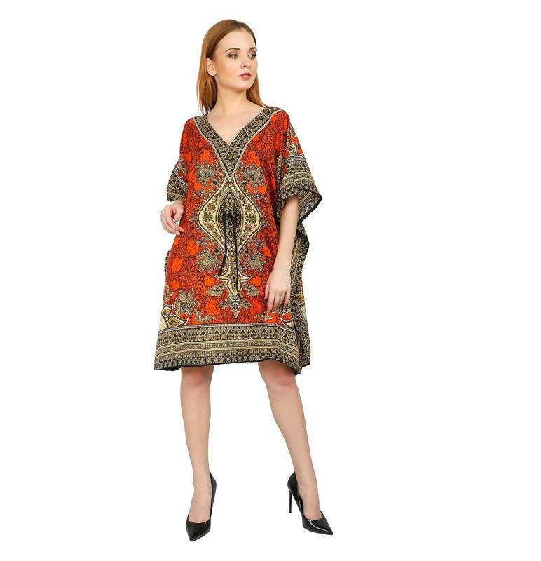 TreegoArt Fashion Women's Polyester Short Kaftan Caftan Printed Adjustable Boho Dress Nightwear Maxi Gown