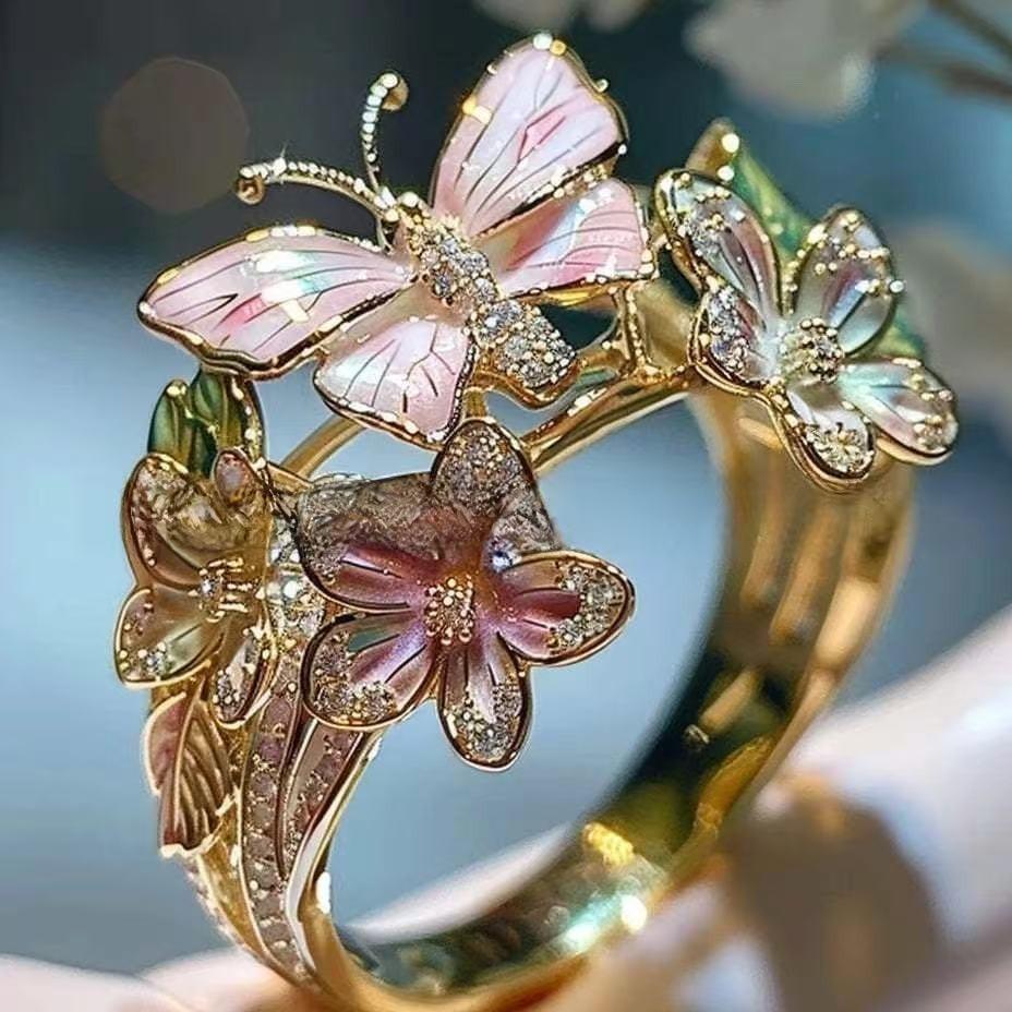 Anello aperto a forma di farfalla e fiore in lega alla moda con strass incastonati per donna