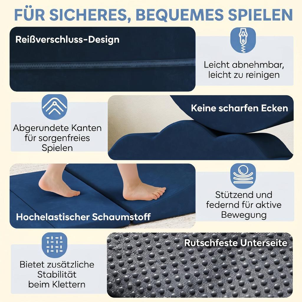 7-teiliges weiches Spielset für Kinder mit abnehmbarem Bezug, Baby Indoor Kletter- und Krabbel-Schaumstoffspielzeug für Kleinkinder, Dunkelblau