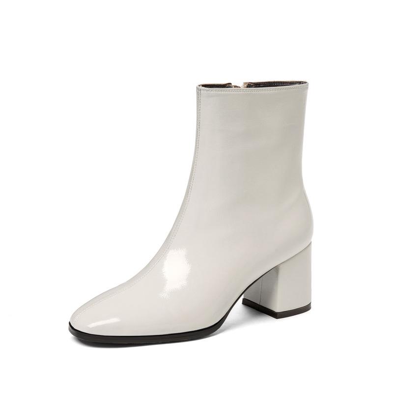 2025 British Style Patent Leather Chunky Heel Ankle Boots with Side Zipper 41 покинуть белый