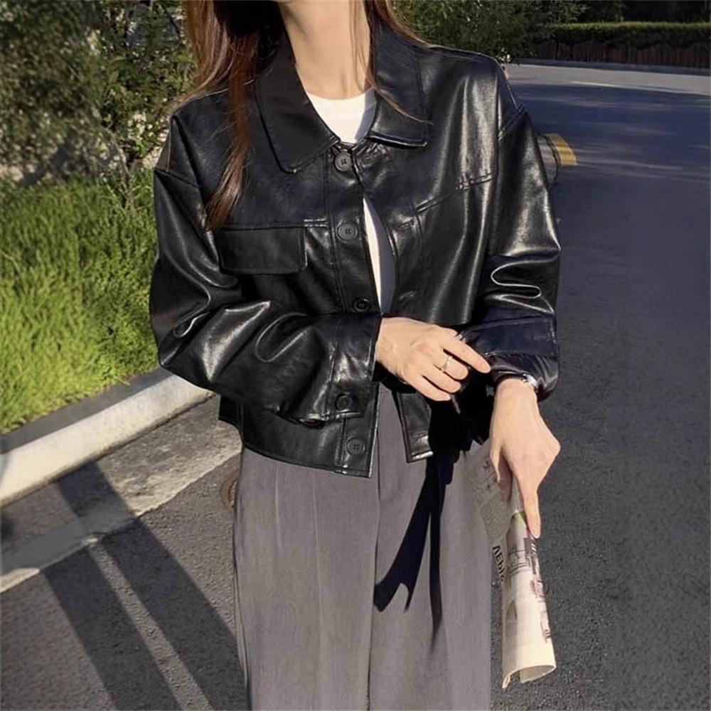 Korean chic autumn niche handsome lapel single-breasted loose casual long-sleeved locomotive suit leather jacket short coat women