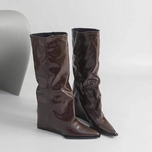 Winter Pointed Toe Women Knee High Boots Concise Slip On Wedges Heel Shoes Street Style Banquet Party Pipe Long Botas Mujer