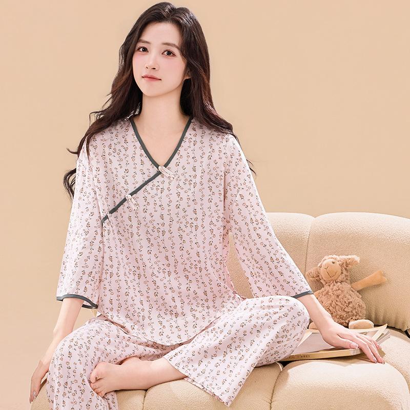 Classical national style new Chinese pajamas women's spring, summer and autumn new cotton silk disc buckle sweet loungewear hanfu two-piece set