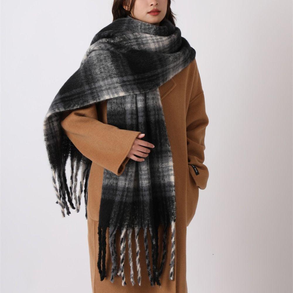 Tassel Plaid Wool Scarf Plush Long Shawl Retro Winter Cashmere Scarves  Autumn Winter
