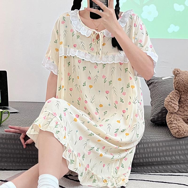 Cotton silk loungewear round neck printed short-sleeved nightdress women's summer thin dress girl student clothing artificial cotton pajamas