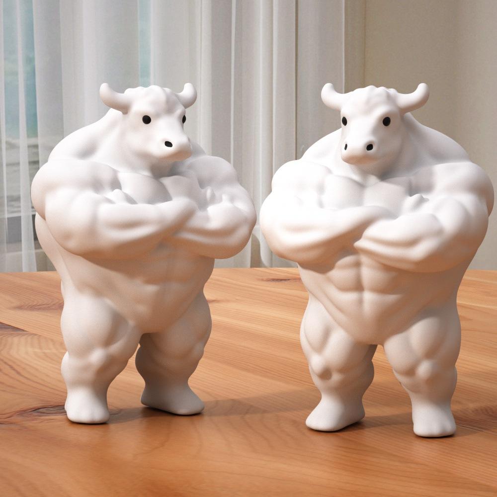 Creative Muscular Bull Sculpture with Crossed Arms, Whimsical Statue Home Office Desk Decor