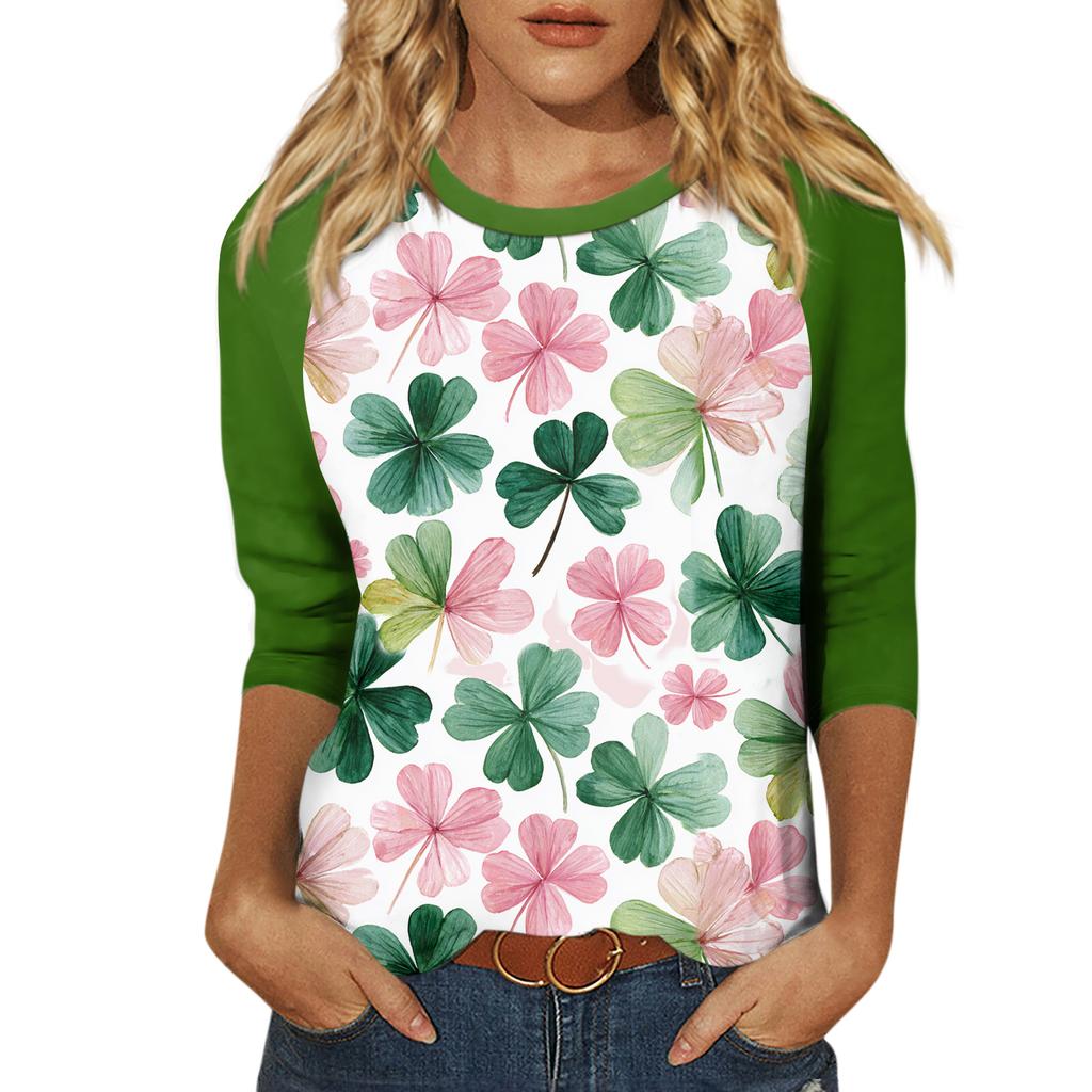 Women's St. Patrick's Day Print Round Neck Three-Quarter Sleeve Top