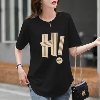 Tricou cu gât rotund, mânecă scurtă, furculiță despărțită, mediu și lung, curbat, top larg, negru, bumbac pur, de vară pentru femei, tiv pentru a acoperi fesele