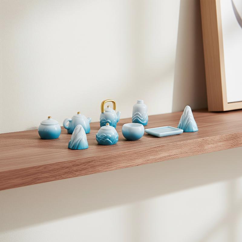 9Pcs Dollhouse Miniature Fairy Garden Decoration Tea Set Mountain Figurine Ink Landscape Style Diy Home Decor