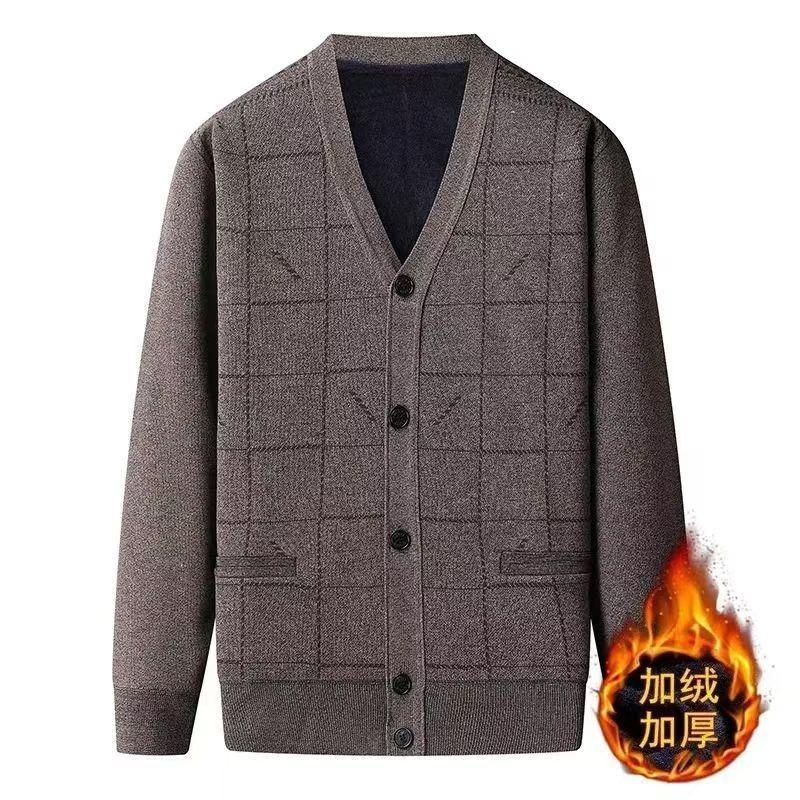 Warm Jacket Tops Autumn Winter Middle-aged Elderly Men's Sweater Cardigan Velvet Thickened Knitted