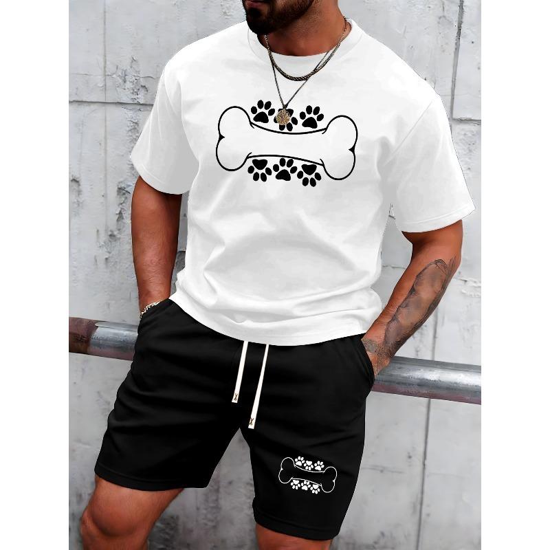 

Мужская летняя повседневная спортивная одежда европейского размера со стильным и универсальным принтом в виде костяной лапы собаки, включая удобную футболку с коротким рукавом S белый