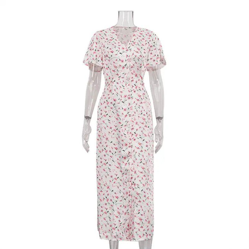 

European and American Short sleeve V-neck Lace Floral Shirt Dress Temperament Waist Hugging Slimming Dress Women Shirt Dress Apricot color L