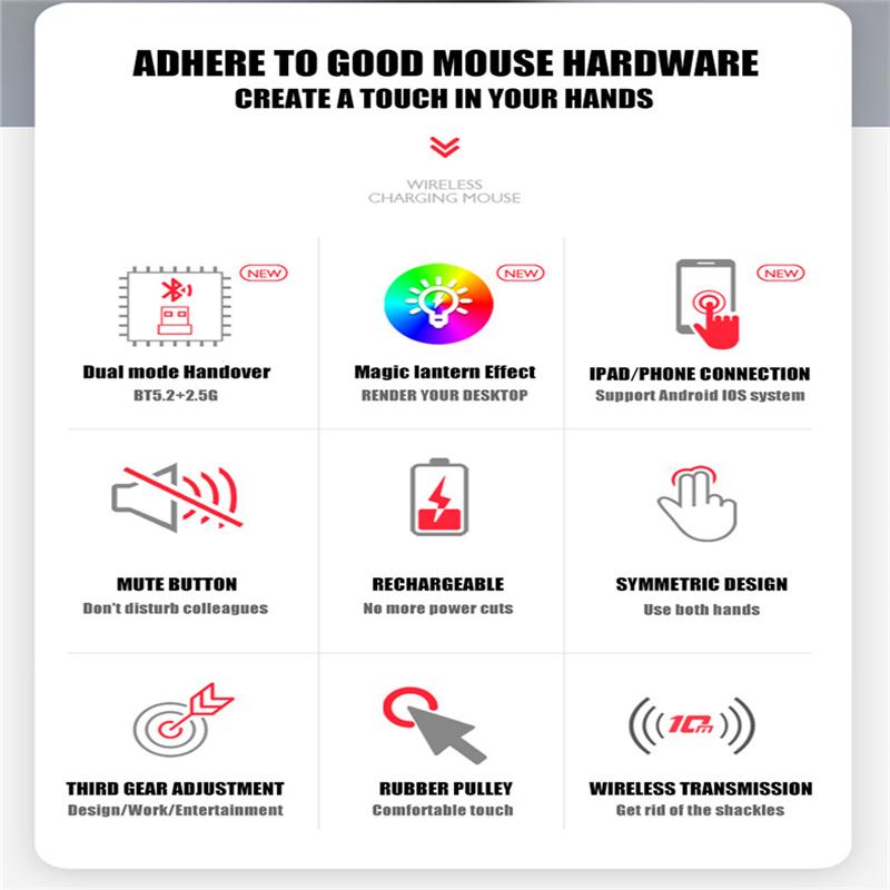 Bluetooth Dual-mode Mus Laddning Mute PC Notebook Office Games Glow trådlös mus