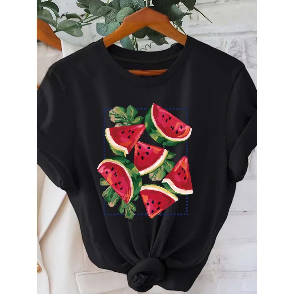 Watermelon Print Minimalist Style T-shirt Summer Casual Round Neck Short Sleeved Daily Fruit Print Clothing Aesthetic Clothes