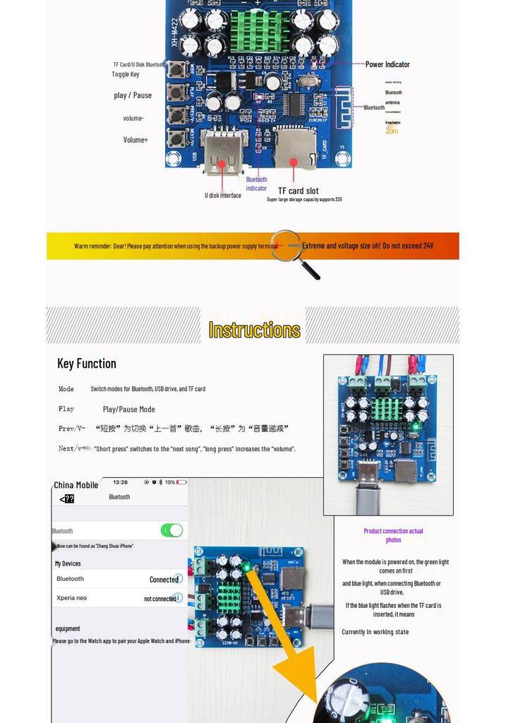 XH-M422 Dual 50W Bluetooth Amplifier Board with USB, TF Card Playback, TPA3116D2