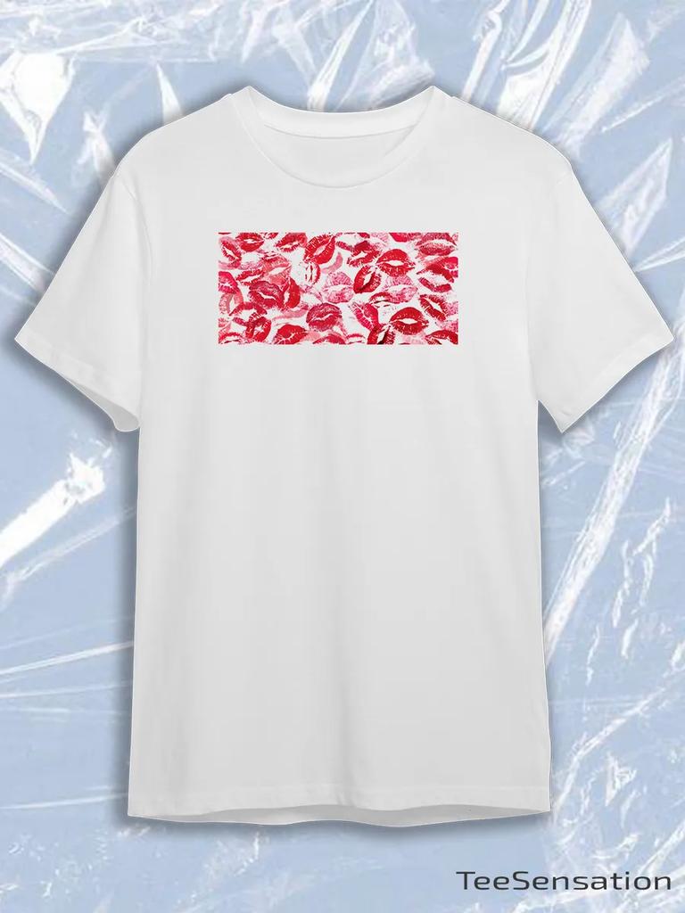 TeeSensation White Crew Neck Short Sleeve T-Shirt with Red Pink Lipstick Kiss Marks Horizontal Print