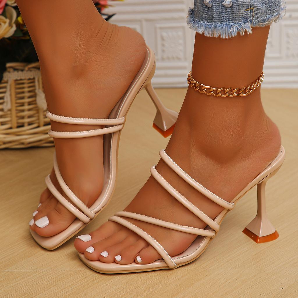 New Stiletto Fashion Square Head High Heels One-character Slippers Women