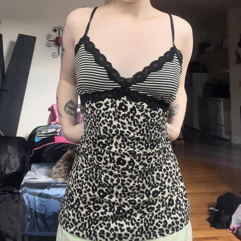 Top a canotta con stampa leopardata e pizzo patchwork, vestibilità aderente, sexy, camisole Y2K vintage, scollo a V, spalline sottili, gilet estivo da donna, nuovo