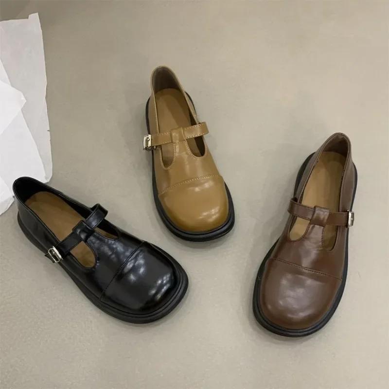 Schuhe für Damen Britischer kleiner Lederschuh für Damen Vintage runde Zehenpartie niedriger Absatz Damenschuh lässiger Loafer Schule Einzelner Schuh