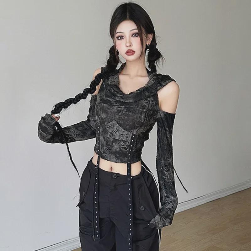 Wasteland-Inspired Off-Shoulder Hooded Long-Sleeve Crop Top for Women