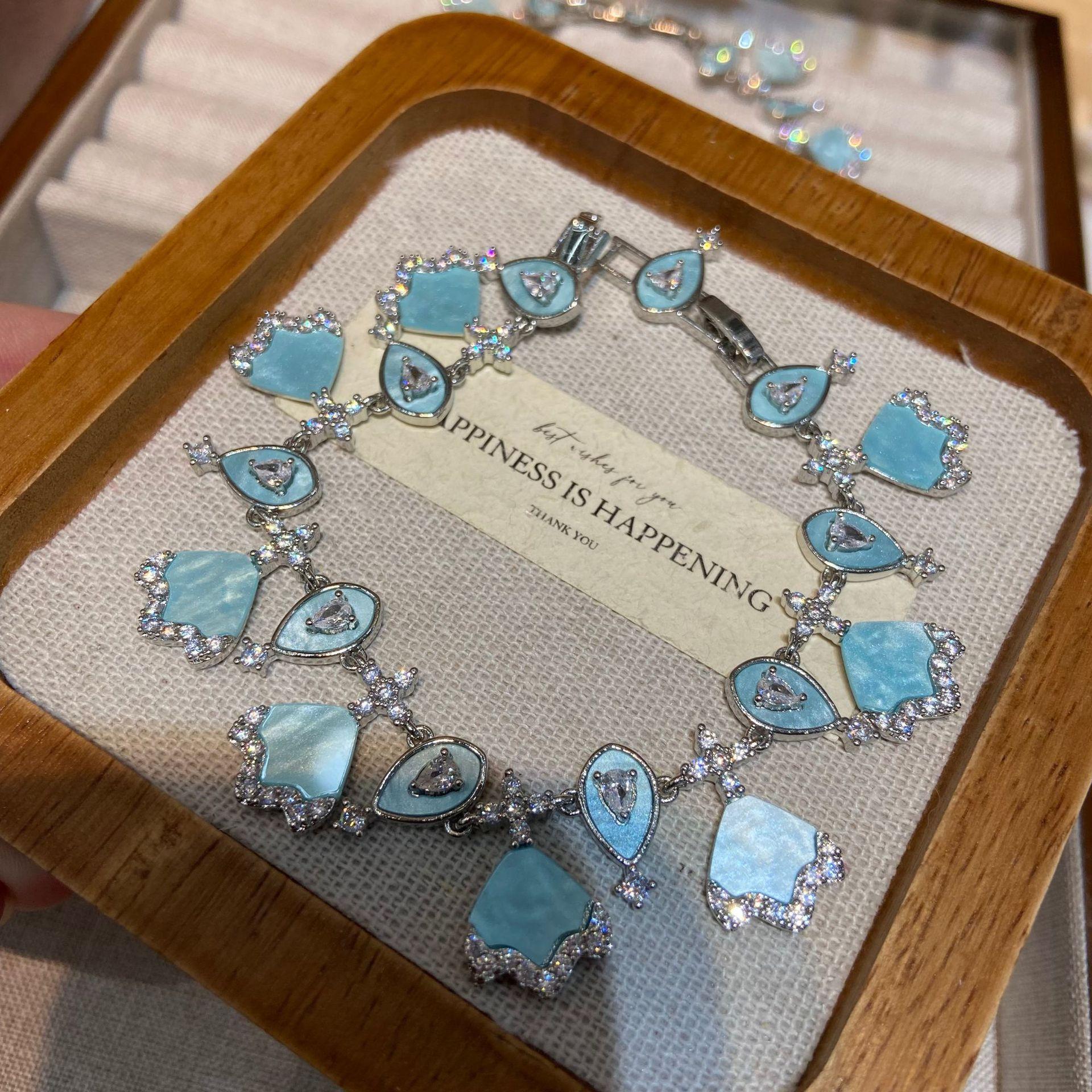 Shell Blue High-End Jewelry Set, Copper Inlaid Zircon Exquisite High-End Fashion Earrings Necklace Women