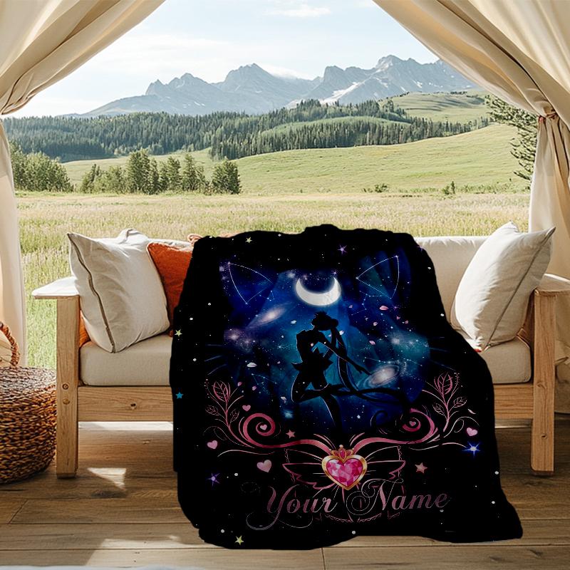 Custom Name Sailor Moon Flannel Fleece Blanket Cozy Warm Throw Blanket For Couch Bed Travel All Season Use