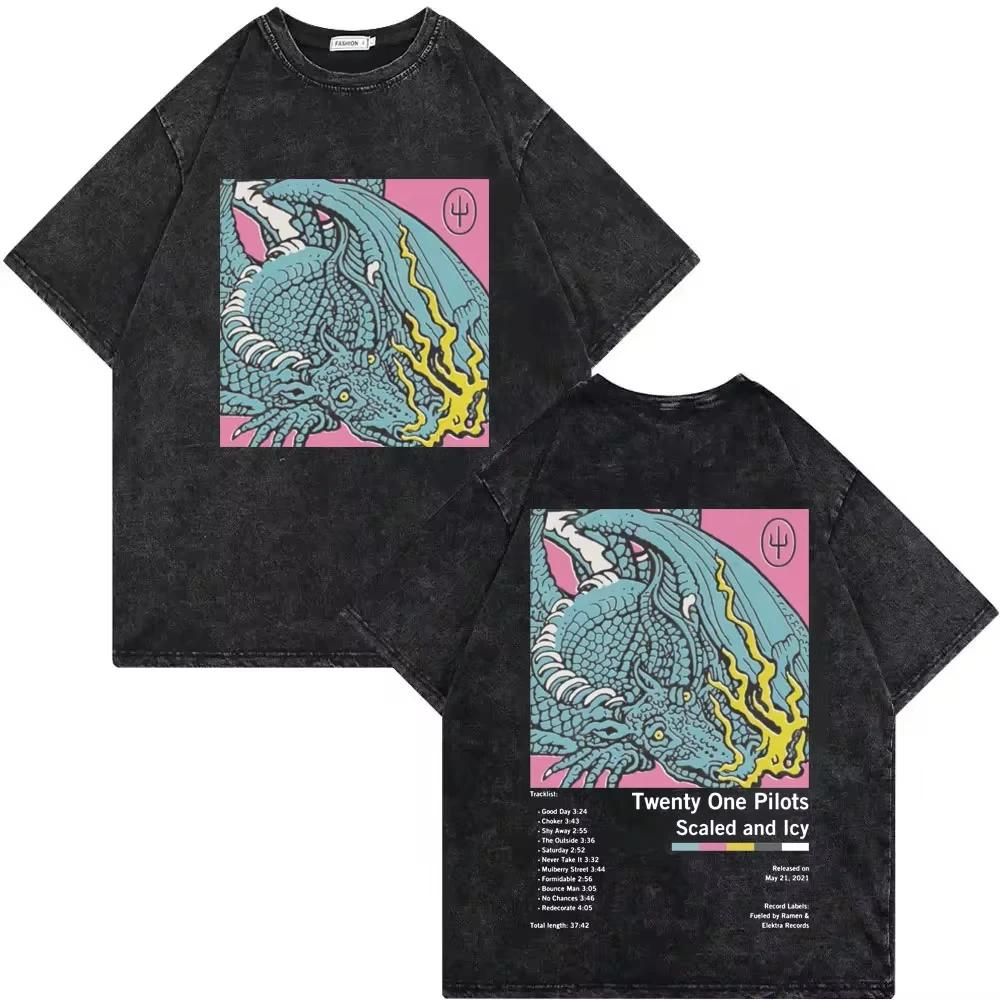 Fashion Vintage Washed T-shirts Casual Loose Pure Cotton T Shirt Streetwear Twenty One Pilots Clancy Tour