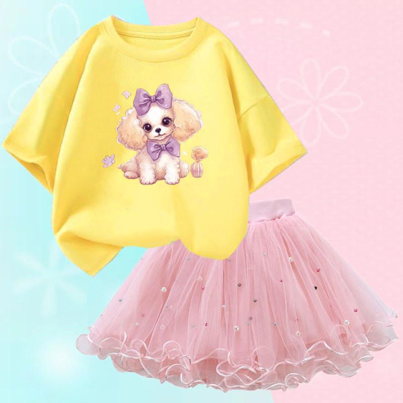 Summer Girls Cute Dog Print T Shirt & Tutu Skirt Two Piece Outfits Party Birthday Christmas Clothes 2-12Y