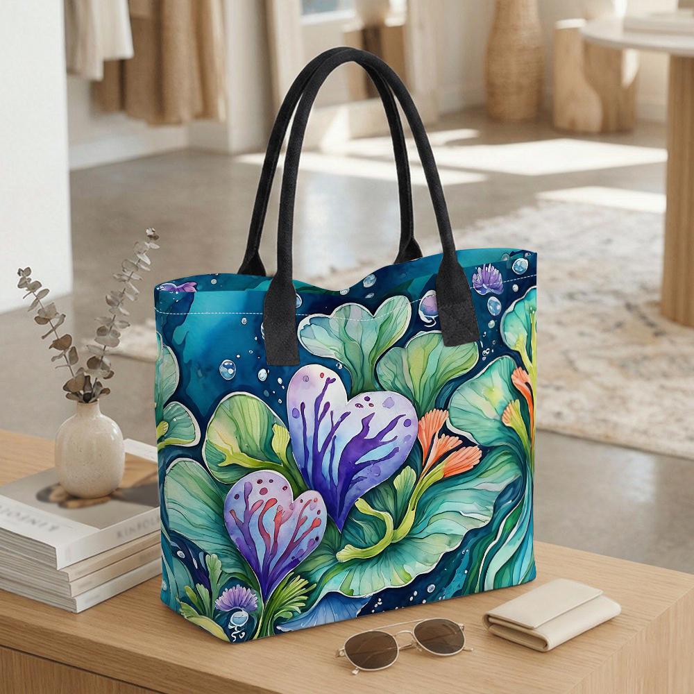  Watercolor Ocean Coral Printed Large Capacity Casual Tote Bag for Shopping Travel Daily Use