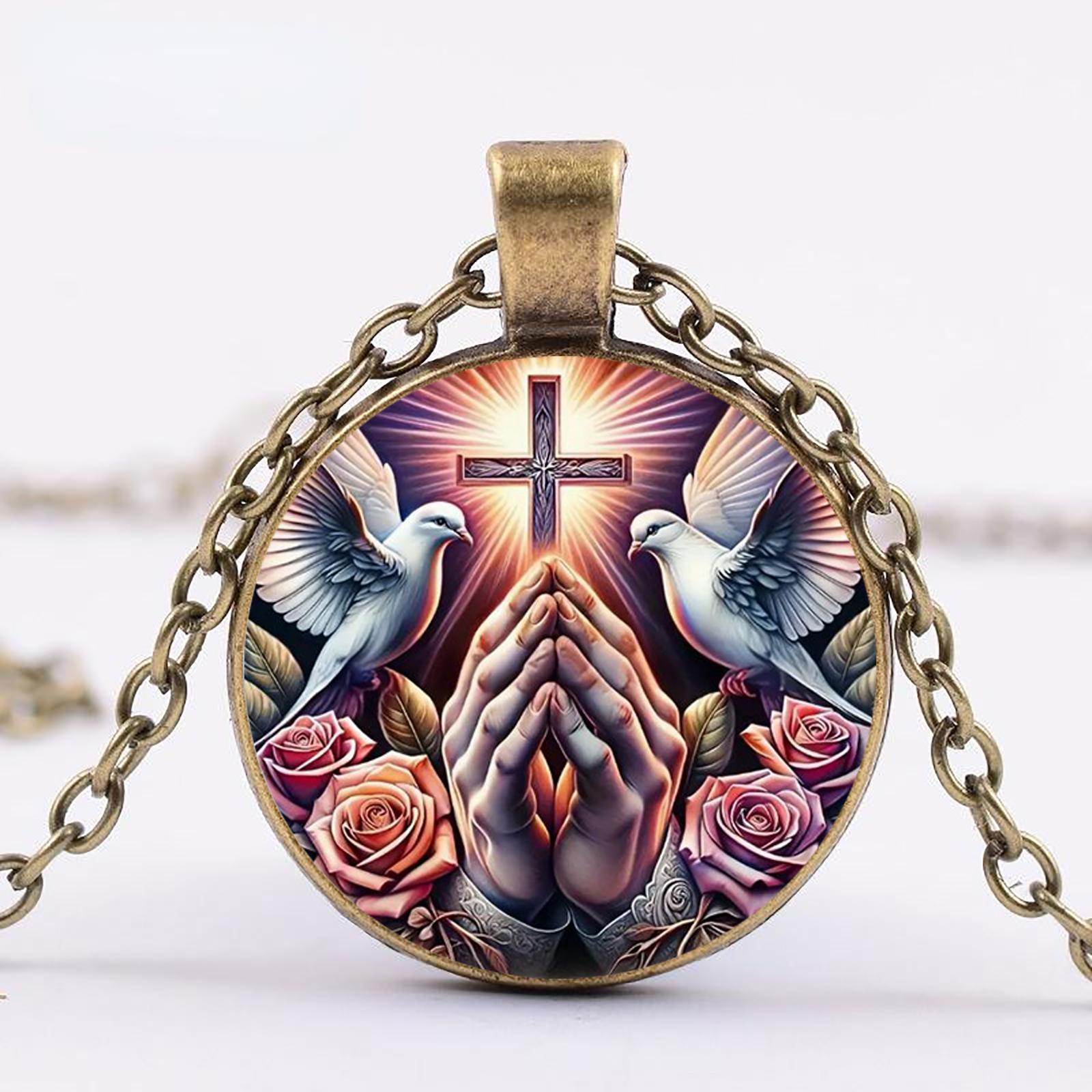 

A vintage Christian praying hands and dove pendant necklace, faith hope time gemstone jewelry, a religious gift for women suitable for daily wear