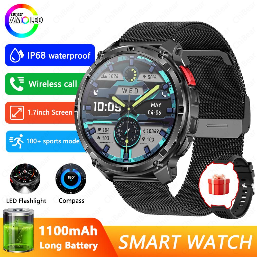 Militärische 1100mAh Super-Große Batterie Herren Kompass Smartwatch 1,7-Zoll AMOLED Bluetooth-Anruf IP68 Wasserdicht Sport Smartwatch