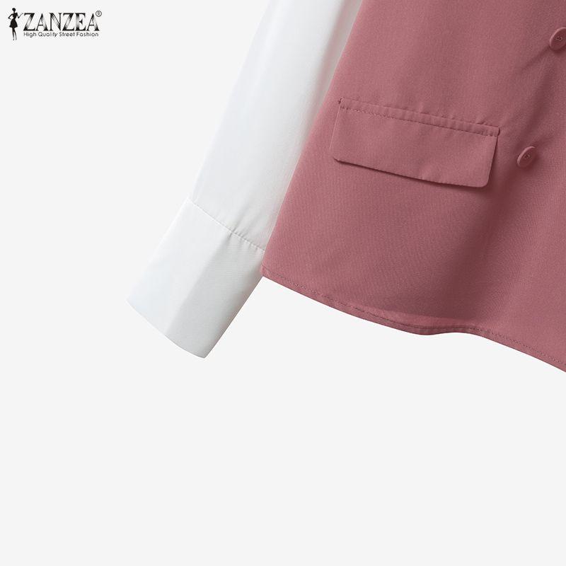 ZANZEA סט חליפה יומיומית לנשים משני חלקים: חולצה ארוכה טלאים ומכנסיים