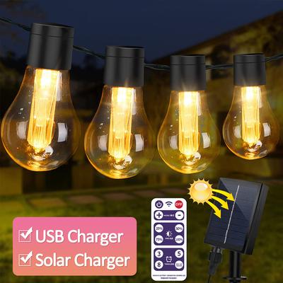 Solar String Lights Outdoor,  Waterproof LED USB & Solar Powered Outdoor String Lights with  Edison Bulbs, Shatterproof Patio