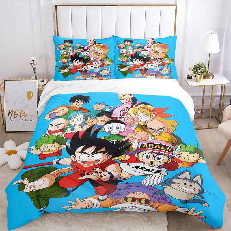 3pcs Dragon Ball Character Printed Quilt Set - Includes 1 Quilt Cover and 2 Pillowcases, Machine Washable - Suitable for All Seasons.H024