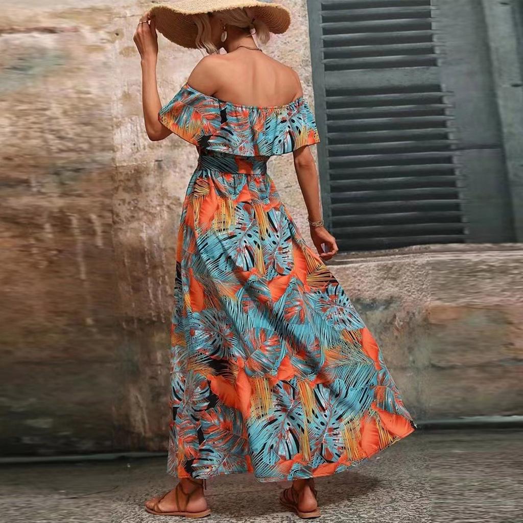 Women's Summer Straight Neck Ruffled Waist Dress