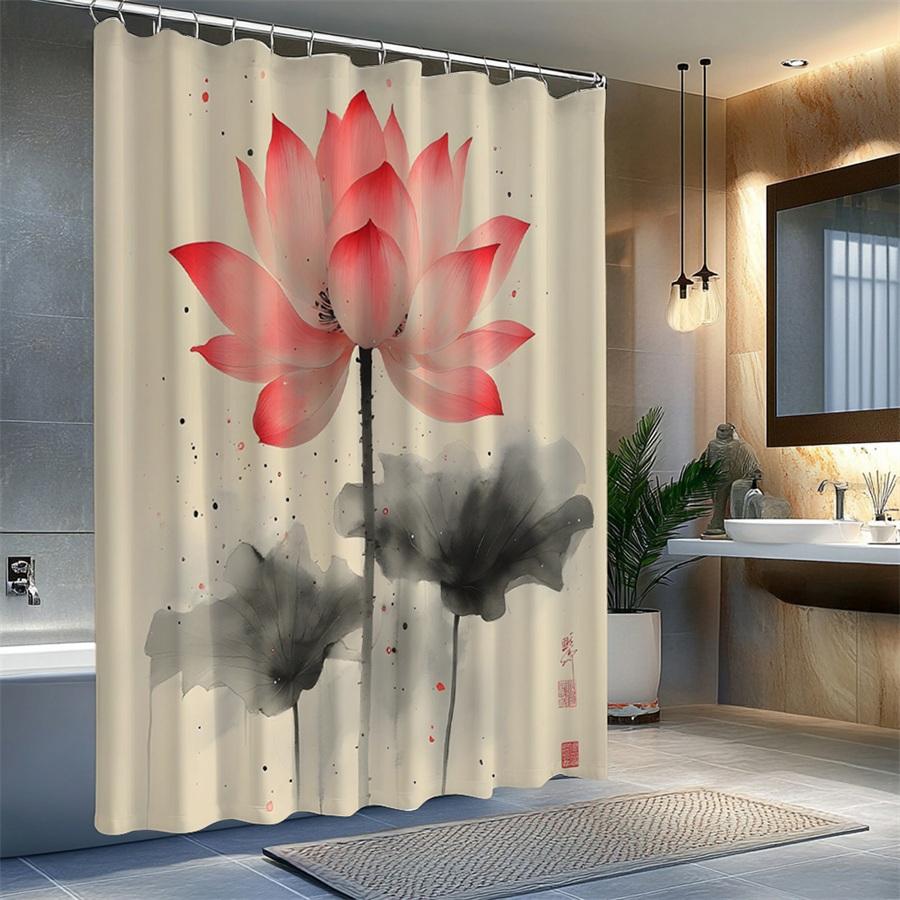 1pc Lotus pattern shower curtain, machine washable polyester, with hooks, suitable for bathroom decoration.