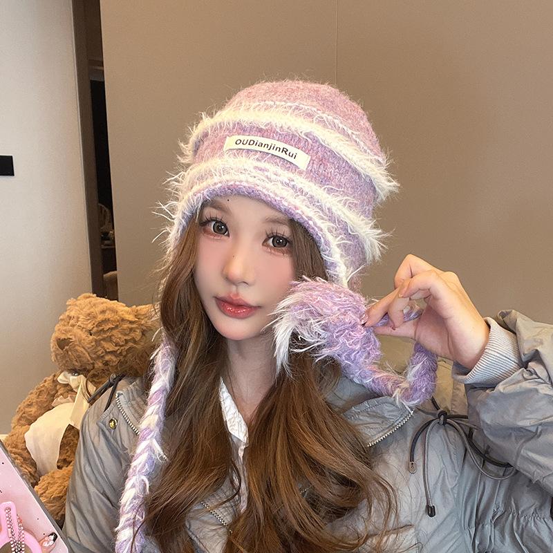 Warm Plush Hat for Women's Tassel Ear Protection Knitted Hat Outdoor Cold Protection Versatile Cold Hat Showing Face Small Wool Hat