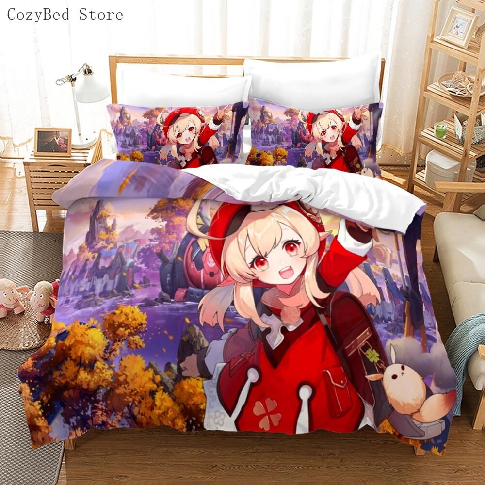 Genshin Impact Bedding Set Cartoon Anime Duvet Cover Single Double Size Kids Boys Luxury 3D Bed Linen Decor Home