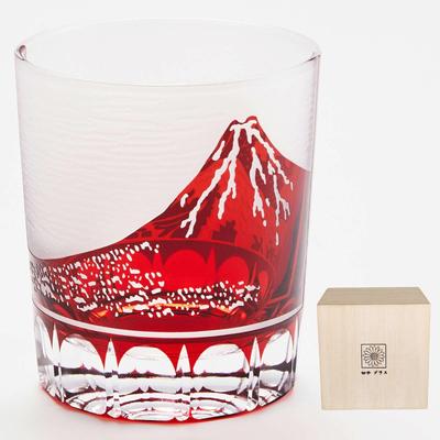 LUGUFON Cut Glass, Mount Fuji Glass, Rock Glass, Fuji + Wave Fuji Design, Handcrafted by Artisans, In a Paulownia Wood Box, Suitable for Sake, Beer, W