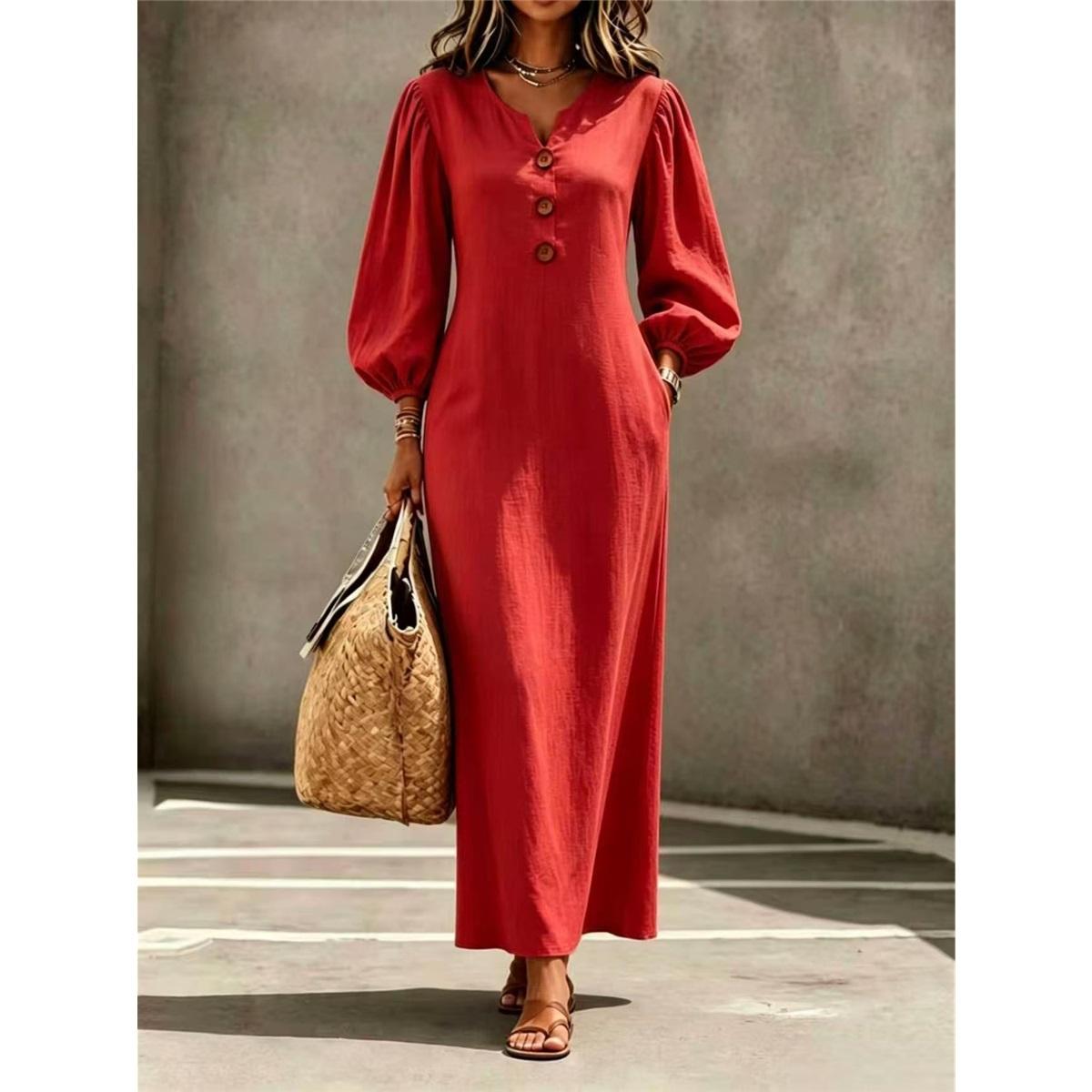 Robe Longue Maxi Boutonnée à Col en V pour Femme Manches Longues Bouffantes Couleur Unie Ample Décontractée avec Poches M rouge