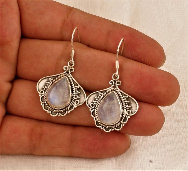 Solid 925 Sterling Silver Moonstone Gemstone Designer Earrings Handmade Jewelry Boho Earrings Gift For Her