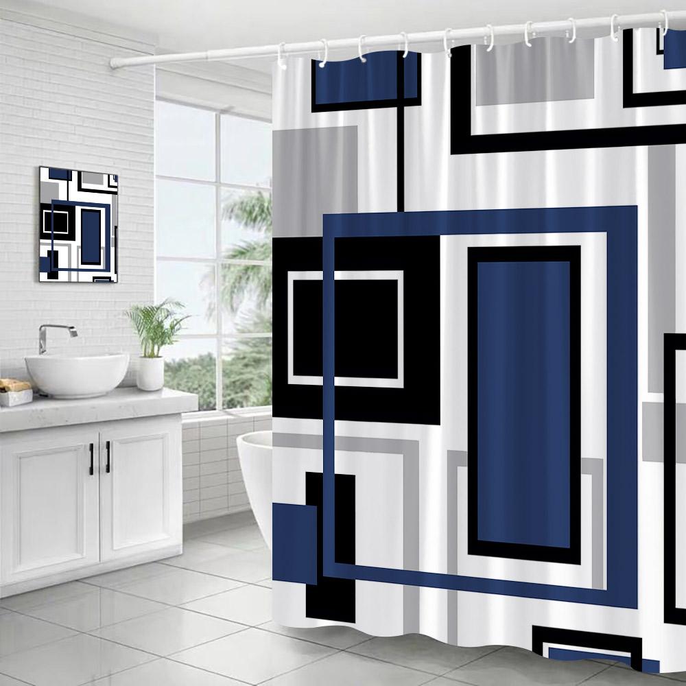 Creative Geometric Pink Shower Curtain Black Grey Square Pattern Modern Polyester Fabric Home Bathroom Curtains Decor With Hooks
