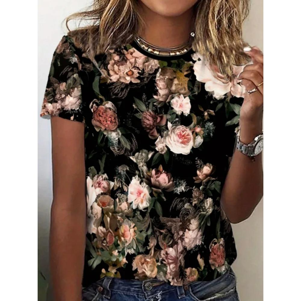 Summer Women T-shirt Creative Flower 3D Printed Short Sleeved T-shirt Fashionable Comfortable Soft Breathable Large Loose T-shirt